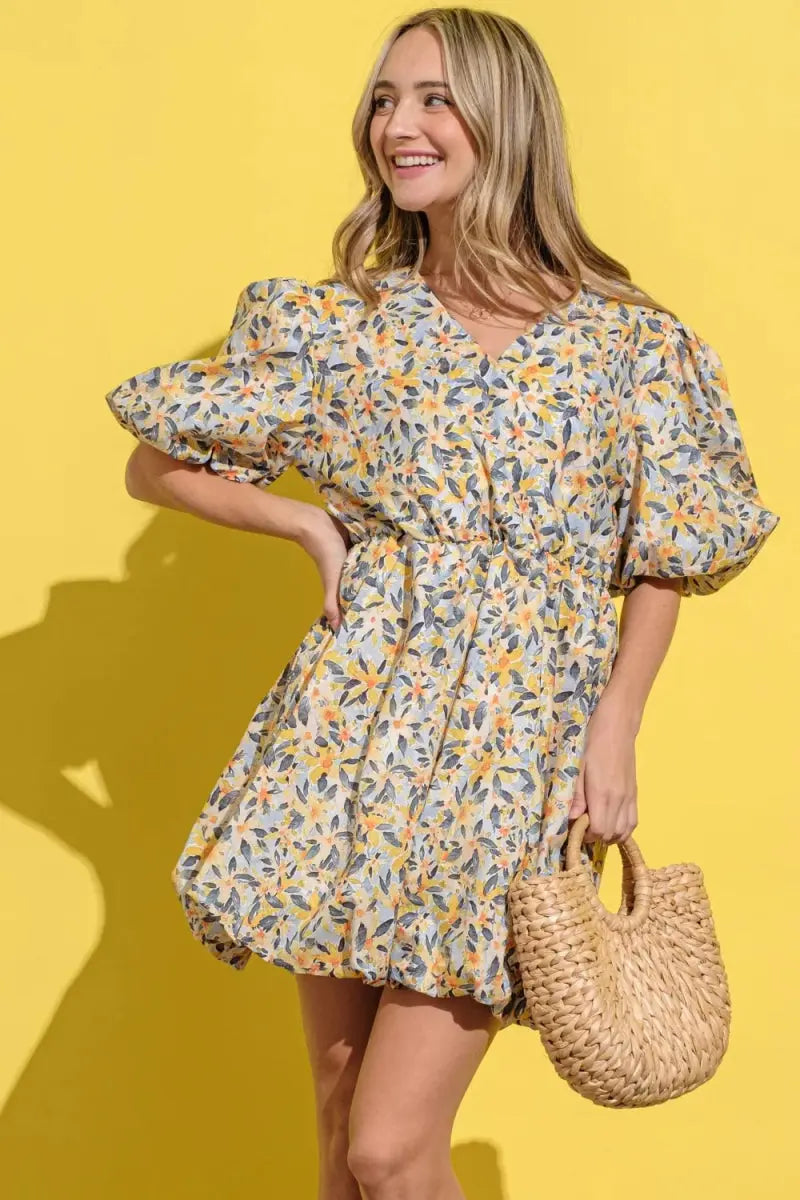 And The Why Full Size Floral Surplice Puff Sleeve Dress - Love Salve